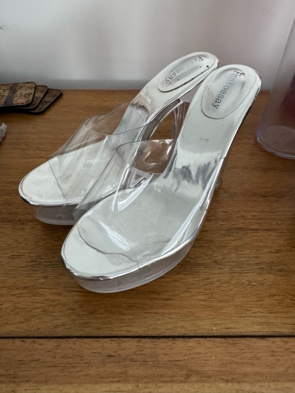Fergie Clear PVC Platform Mules with Silver Footbed